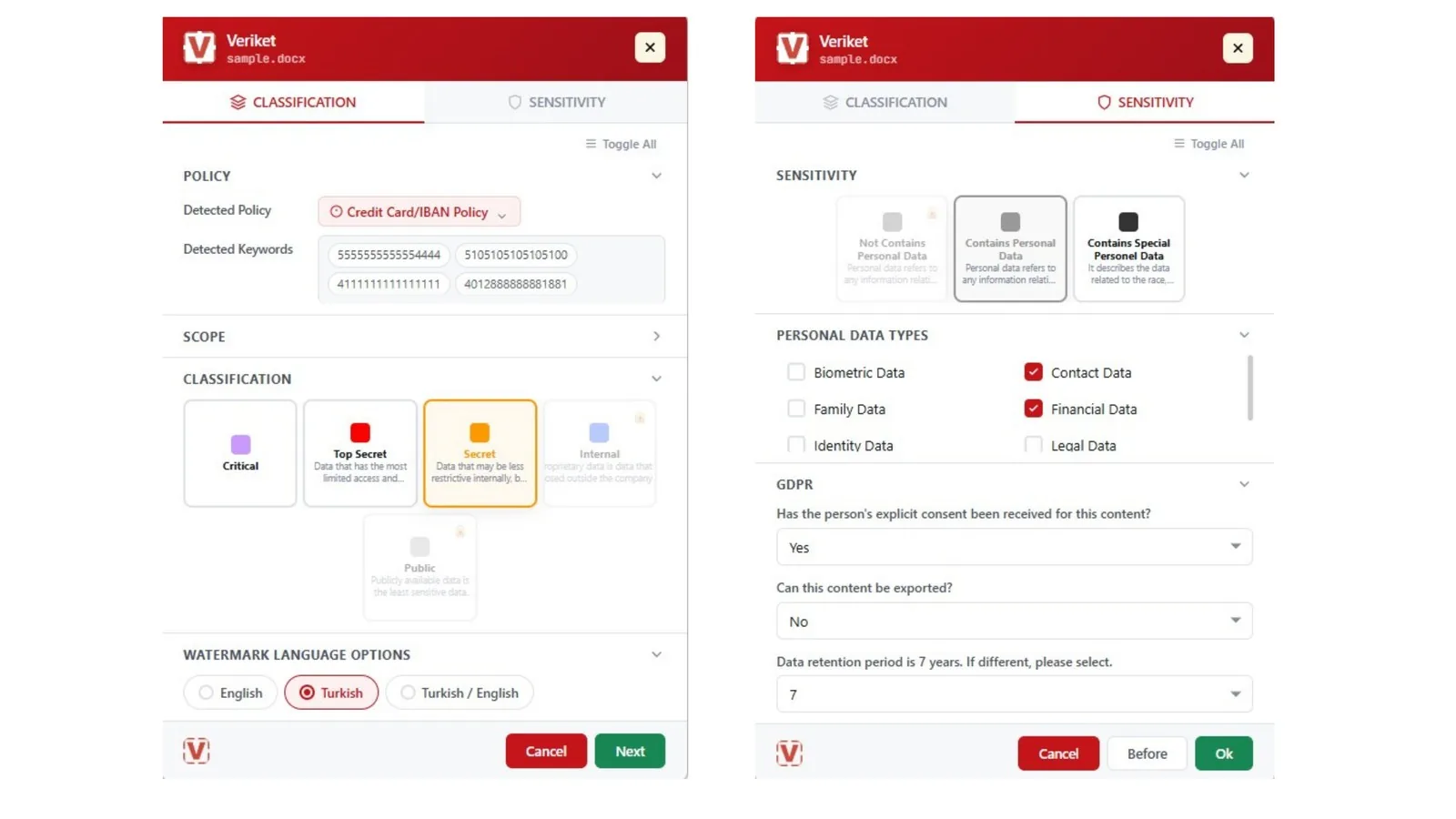 Veriket Data Classification management interface