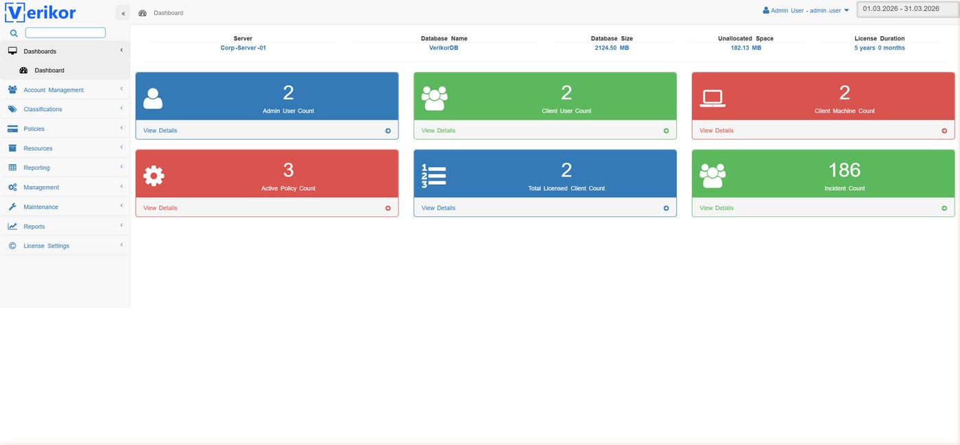 Siberson Verikor DLP dashboard showing policy, incident and device counters