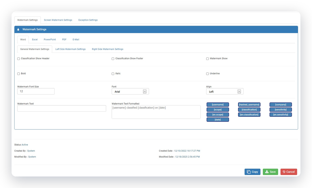 Veriket watermark settings with dynamic username, classification and date tokens