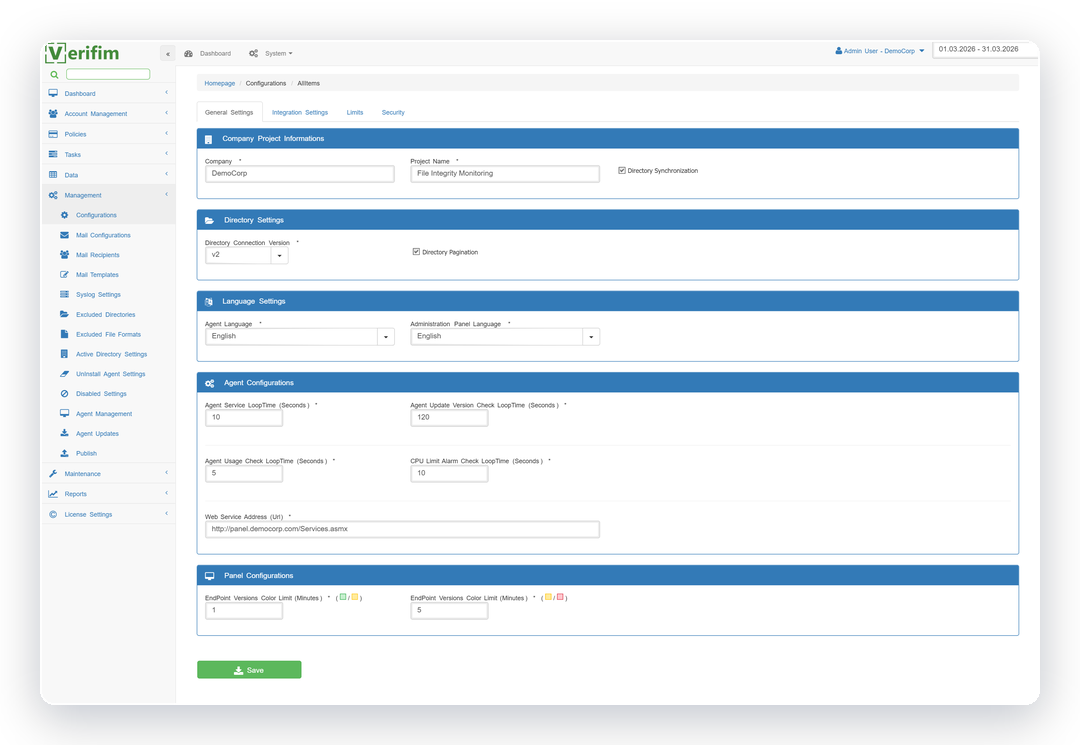 Verifim agent and integrity configuration settings