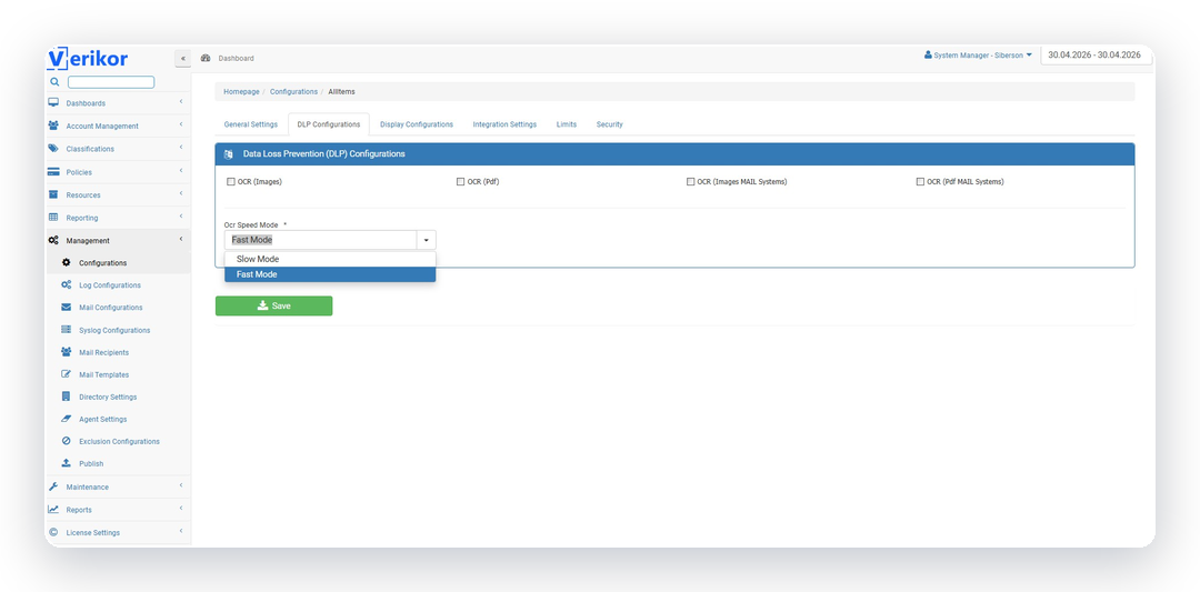 Verikor DLP channel and control configuration