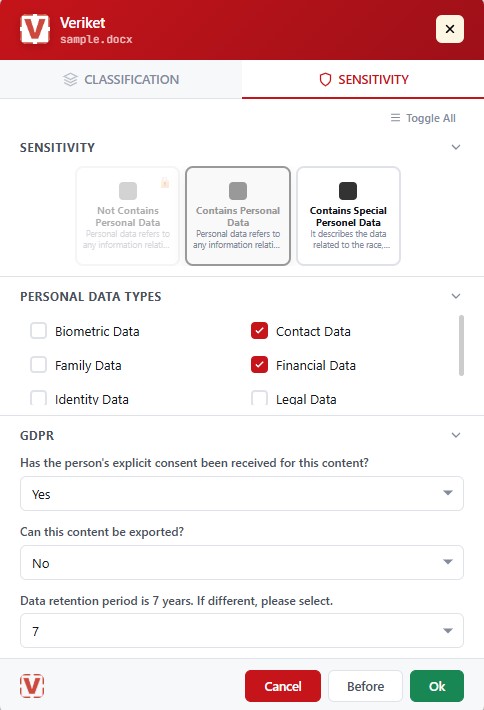 The sensitivity tab — personal-data types, consent, retention (KVKK/GDPR)