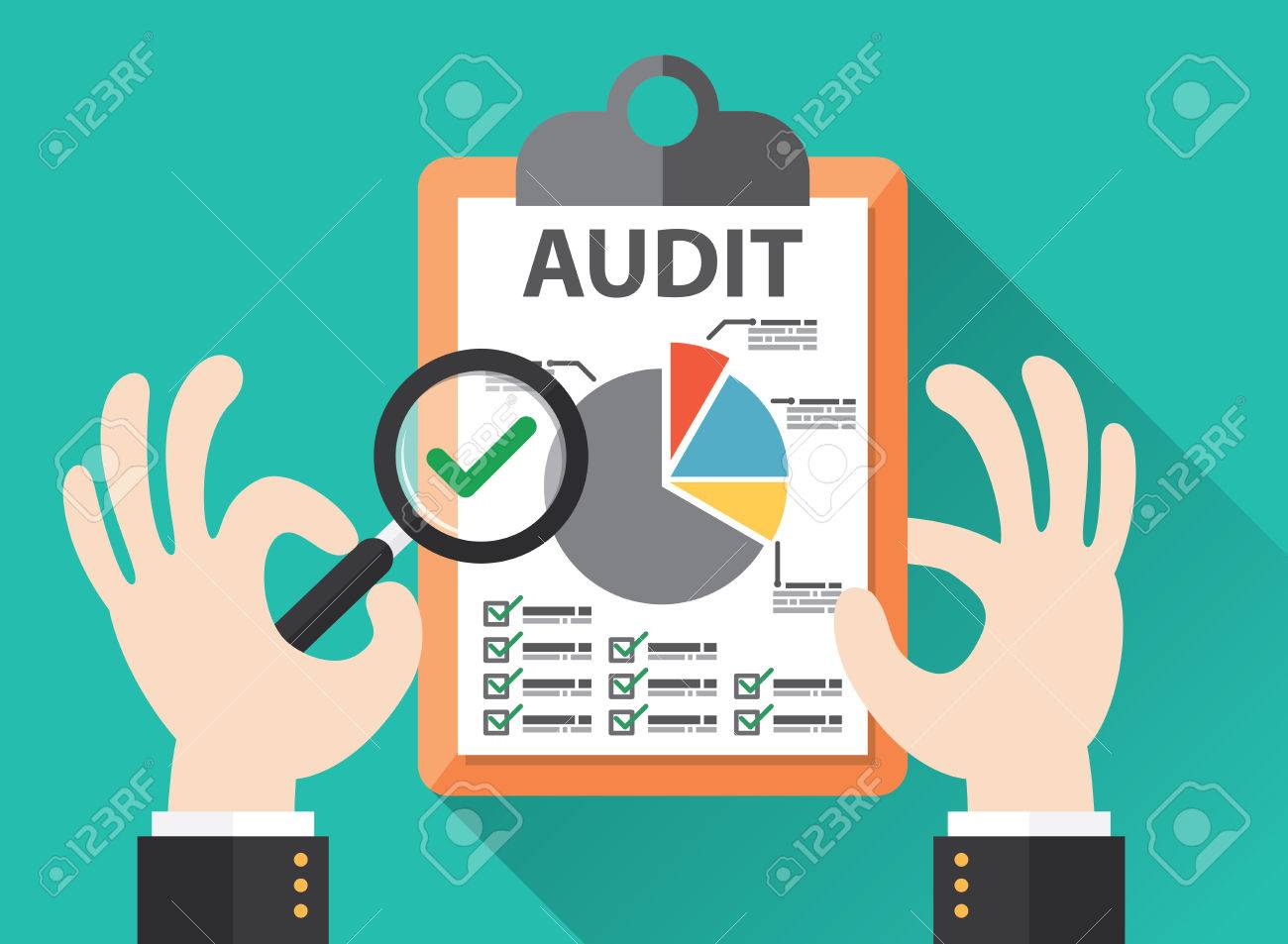 Business hand held magnifier on paperwork sheet, Audit concept. Vector illustration. Flat design